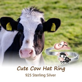 Senpotly 925 Sterling Silver Cow Western Hat Ring for Women Adjustable Dainty Cow Ring for Daughter Adorable Cattle Ring Birthday Chiristmas Jewelry Gift for Granddaughter, Sterling Silver, No