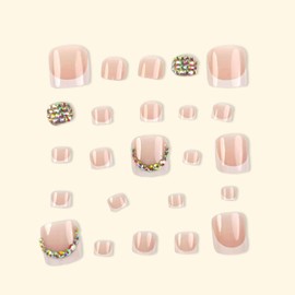 Press on Toenails French Tip Fake Toe Nails Short Square False Toenails Rhinestone Glossy Full Cover Acrylic Glue on Toenails Bling Summer Beach Artificial Stick on Toenails for Women Manicure 24 Pcs