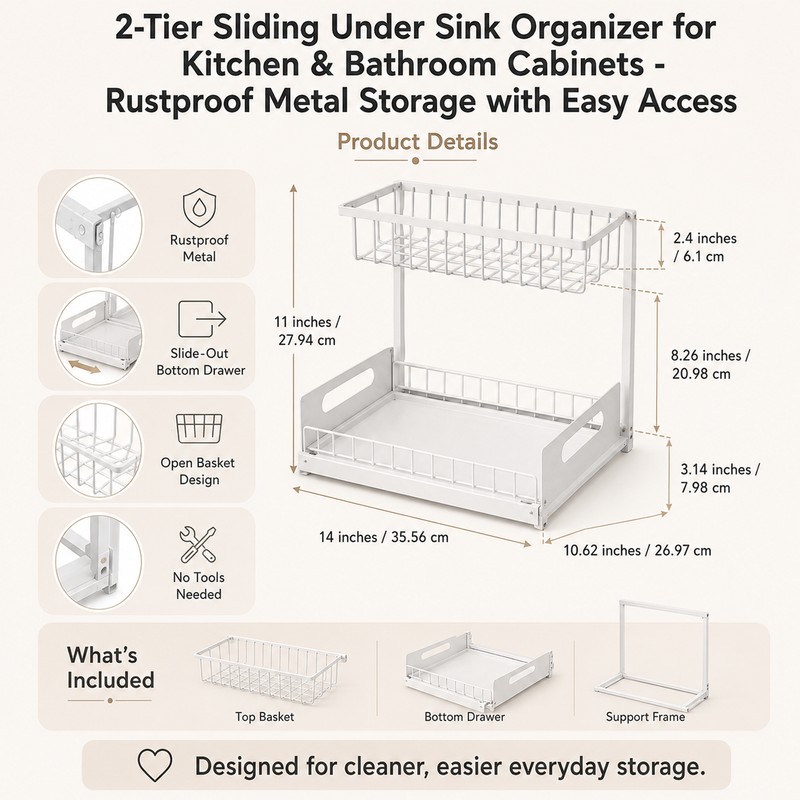 2-Tier Sliding Under Sink Organizer for Kitchen & Bathroom Cabinets