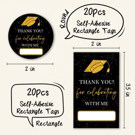 40 Pcs Black & Gold Graduation Stickers - Large Self Adhesive Round & Rectangle Label Stickers - Thank You for Celebrating with Me - Congrats Graduate Decorative Party Supplies - A04