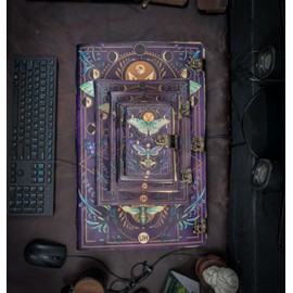 Blank Spell Book of Shadows Journal with Lock Clasp Vintage Handmade Leather Luna Moths and Morpho Butterfly Print Diary Prayer Pagan Witchcraft Supplies Wiccan Decor Notebook Daily (8x6) inch