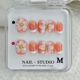 Handmade Press on Nails 3D Flower Embossed False Nails Short Square White French Acrylic Nails Reusable 3D Flower and Pearl for Girls Manicure Art Decoration Accessories (Size M)