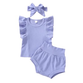 Ynibbim Summer Newborn Baby Girl Solid Clothes Set Lovely Infants Ribbed Outfits Cotton Ruffle Tops+Shorts+Headband (Purple,12-18 Months)