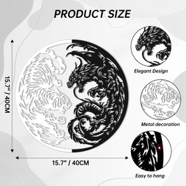 Majestic Dragon and Fierce Tiger Metal Wall Sculpture Set - Epic Fantasy Decor, Black and White Yin and Yang Battle Home Decor Bedroom Wall Art (Set of 2)