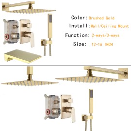 SR SUN RISE Brushed Gold Shower Faucet Set System Rainfall Shower Head Combo w/ Mixer Valve - Wall 16"