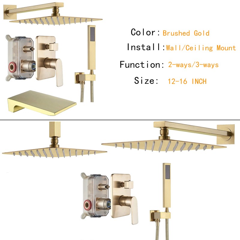 SR SUN RISE Brushed Gold Shower Faucet Set System Rainfall