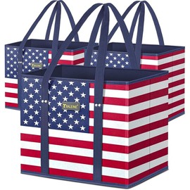3-Pack Reusable Grocery Bags – Heavy-Duty Foldable Shopping Totes with Reinforced Bottom, Extra-Long Handles & Water-Resistant Fabric – Compact Eco-Friendly Bags for Groceries, Travel, or Market Trips:_Patriot Celebration