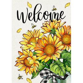 Covido Welcome Spring Summer Sunflower Decorative Garden Flag, Floral Flower Petal Mason Jar Bee Yard Outside Decorations, Fall Autumn Seasonal Outdoor Small Home Decor Double Sided 12 x 18