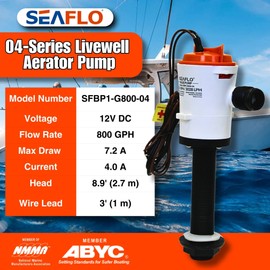 SEAFLO 04 Series 800 GPH Baitwell/Livewell Aerator Pump with Straight Intake, 12V DC, Saltwater/Freshwater, Replaceable Cartridge Motor, ¾" NPT Outlet, CE & Rohs Certified – 4-Year Warranty!