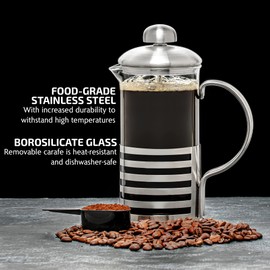 OVENTE French Press Coffee Maker 20 Ounce with Heat Resistant Borosilicate Glass, Stainless Steel Design and 4-Level Filter System, Portable Cold Brewer Pot for Travel, Camping or Gift, Silver FSH20S