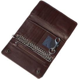 DEURA USA BRAND Genuine BROWN Cowhide Leather Trifold Chain Motorcycle Biker Trucker Wallet RFID