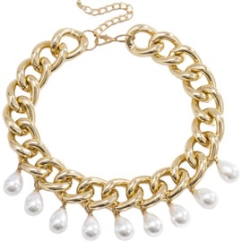 Punk Chunky Choker Link Chain Necklace dangle Drop faux Pearl Pendant Necklace Fashion Costume Accessories for Women (One size, Gold)