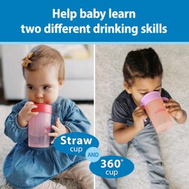 Dr. Brown's Milestones Straw to 360 Convertible Toddler Training Cup Set with Interchangeable Silicone Straw and 360 Degree Cup Lids, Pink Coral, 10 oz/300 mL, BPA-Free, 9m+, 2-Pack