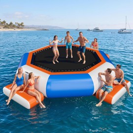 YUMPIE Inflatable Water Trampoline, 15FT Floating Water Bouncer with 3 Platforms, High Elastic Net, Durable PVC, Large Jumping Area with Electric Pump, Recreational Bounce Platform for Kids & Adults