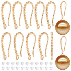 BENECREAT 20Pcs Real 14K Gold Plated Earring Hooks, Brass Twist Rope Shape Earring Hooks with Horizontal Loops and 50Pcs Plastic Ear Nuts for DIY Earring Jewelry Making