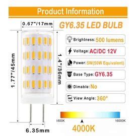 Lamsky GY6.35 LED Bulb 5W,50W GY6.35 Halogen Bulb Replacement,AC/DC 12V Neutral White 4000K,GY6.35 Bi-pin Base Bulb for Pendant Light,Desk Light,Landscape Lighting,Non-dimmable(4-Pack)