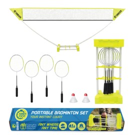 Complete Portable Badminton Set Large - Quick & Easy Setup - 4 Rackets 2 Birdies Shuttlecock 1 Net & Badmington Pole Frame for Backyard Park & Beach Games Indoor Outdoor Sports Equipment Family Fun