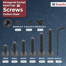 Kozelo 620pcs M3 Socket Head Cap Screws Bolts Nuts Assortment Kit - [M3x6/8/10/12/16/20mm] Alloy Steel Fully Threaded Black Oxide 12.9 Internal Hex Screw for 3D Printer Use, with Wrench