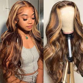 FASCARA Highlight Ombre 13x4 Body Wave Human Hair Wigs for Women Lace Front Wig HD Transparent Lace Frontal Wigs 4/27 Color Honey Blonde Glueless Wigs Human Hair Pre Plucked with Baby Hair 30 Inch