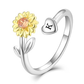 STARCHENIE Sunflower Initial Ring for Women 925 Sterling Silver Letter K Alphabet Adjustable Ring Size 7