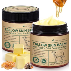 Cuidado de la piel de sarga de res con ricino y inciensos, bálsamo de miel de sarga batida alimentada con hierba para cara y cuerpo, hidratante natural hidrata, nutre profundamente, mejora el brillo natural, 4.23 oz