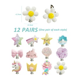 12 Pairs of Children's Clip-On Earrings, Cute Cartoon Ear Clips, Girl's Ear Clips, Flower Ear Clips, Princess Ear Clips, Suitable for Birthday Gifts, Children's Day Gifts, Daily Wear, Parties