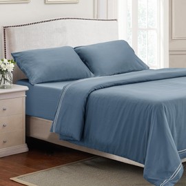 SUBRTEX Duvet Cover Set Full/Queen Cotton Tencel Lyocell Comforter Cover Set 3 Pieces Silky Soft Cooling Bedding Set -1 Duvet Cover with Snap Buttons and 2 Pillow Covers Blue