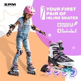 2PM SPORTS Cytia Purple Girls Adjustable Illuminating Inline Skates with Light up Wheels, Fun Flashing Rollerblades for Kids - Large (3-6 US)