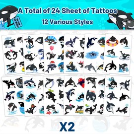 24 Sheets 144 Pieces Orca Temporary Tattoo Stickers, Orca Killer Whale Party Favors Supplies Birthday Decorations Gifts for Kids Boys Girls Classroom Rewards