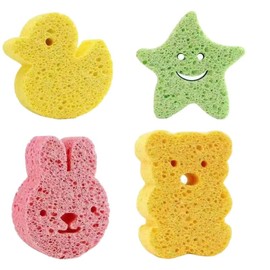 Esponjas de Baño para Bebé de Celulosa, Set de 4 con Diseños de Animales, Suaves y Absorbentes para Piel Sensible de Bebés y Niños