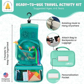 Travel Essentials for Kids – All-in-One Activity Kit for Travel, Road Trip Activities for Kids - Hanging Bag, Includes Toys and Activities for Airplanes, Hotels - Boys & Girls, 4-6 Years (Seafoam)
