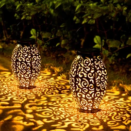 Solar Lanterns Outdoor Waterproof, 2 Pack Solar Garden Lanterns, LED Hanging Lanterns Solar Powered with Handle, Garden Decorative Retro Metal Solar Light for Table Pathway Walkway, Gardening Gifts