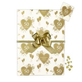 OKEPS Golden 50th Anniversary Wrap Pack, 2 Gift Paper Wrapping Sheets 2 Tags 2 Pull Bows and a Sprinkling of Gold Heart Confetti, Arrives in an A4 Boarded Envelope for Protection,