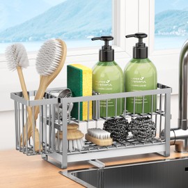 Liuoud Sponge Holder for Kitchen Sink, 2 Tier Sink Caddy Organizer Countertop with Dish Brush Holder and 360° Drain Tray, Rustproof Stainless Steel Dish Soap Storage Rack Set for Accessories Silver