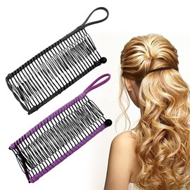 2 Pieces Non-Slip Hair Clips Vintage Banana Hair Clips Stretchy Hair Accessories 30 Tooth Banana Comb Clips for Thick Wavy Kinky Natural Curly Hair Banana Hair Clips (Grey/Purple)