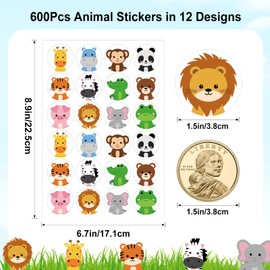 Anwyll Animal Stickers,600Pcs 1.5Inch Cute Land Animal Sticker for Kid Toddler Baby,Self-Adhesive Animal Sticker Round,Reward Sticker Bulk for Envelope Seal Sufari Easter Party Decor Teacher Classroom