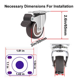 Urcollections 2" Caster TPR Wheels 4 Pack with Rotation Top Plate Soft Rubber Durable Heavy Duty of 300 Lbs Mute Locking Plate Castors Safe for Hardwood Floor & Carpet 2 with Brake and 2 Without