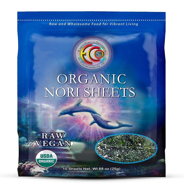 Earth Circle Organics | Raw Certified Organic Nori Seaweed | Grade "A" Rating | Unheated & Not Roasted | Vegan | Paleo & Keto Friendly | Premium Quality Nori Sheets (10 Sheet)