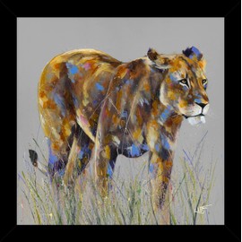 Artko Lioness Framed Print - Huntress Painting by Louise Luton - Contemporary Animal Themed Artwork - 33.5 x 33.5 cm