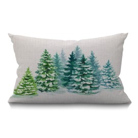 BGBDEIA Watercolor Painting Cushion Cover Farmhouse Coniferous Trees Winter Snow Landscape Green Decorations Pillow Cover Case for Sofa Couch Cotton Linen 30 x 50 cm 12x20 Inches