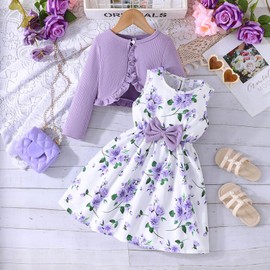 Little Girls Dress and Cardigan 2 Piece Outfits Floral Tank Dresses Ruffle Shrug Sweaters Spring Fall Clothes (Purple, 5-6 Years)