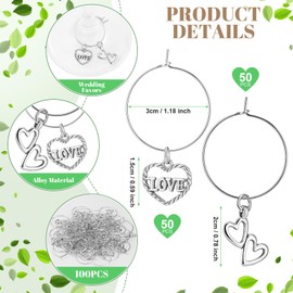 Cunno 100 Pieces Wedding Favors Wine Glass Charms Wine Charms for Stem Glasses Hearts Shape Wine Glass Markers Charms Wine Tags Wine Bottle Tags for Wedding Bachelorette Party Decorations, 2 Styles