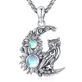 LOOVE Sterling Silver Owl Necklace for Women Moonstone Animal Necklace Cute Owl Moon Pendant Vintage Owl Jewelry