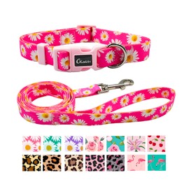 Olahibi Dog Collar and Leash Set, Cute Pink Daisy Pattern, Polyester Material, 5ft Leash, for Medium Dogs.(M, Daisy Set)