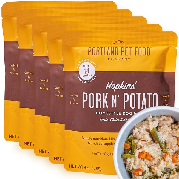 CRAFTED BY HUMANS LOVED BY DOGS Portland Pet Food Company Human-Grade Dog Food Pouch — Mixer, Topper, and Rotational Meal (Hopkin's Pork, 5 Pack)