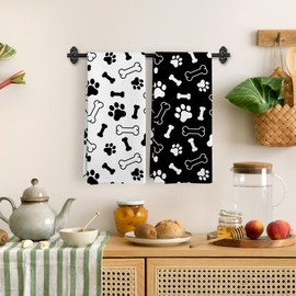 BitKAM Black and White Dog Paw Print Kitchen Towels, Cute Pet Bones Kitchen Towels Decorative Set of 2, Dog Decor, Dog Lovers Gifts for Women, Dog Hand Dish Towels for Kitchen Bathroom Decorative