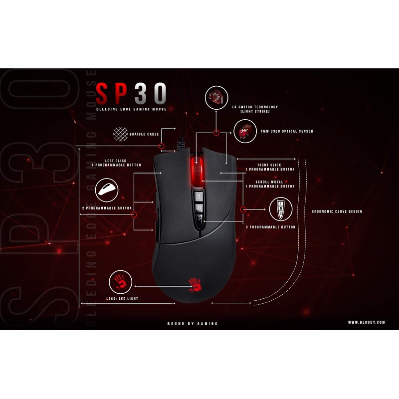 Bloody SP30 Ergonomic Optical Switch Gaming Mouse - Fastest Mouse