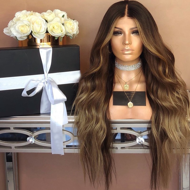 Women's Wig Long Black Brown Gradient Curly Wavy Synthetic Hair
