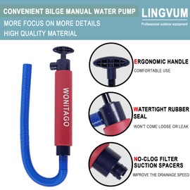 LINGVUM Bilge Pump for Kayak Canoe and Boat - 17 Inch Manual Portable Kayak Hand Water Pumps with Reversible Hose, Rosy