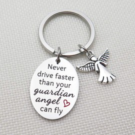 IDLAN Sweet 16 Gift Guardian Angel Keychain New Driver Keychain Never Drive Faster Than Your Guardian Angel Can Fly Daughter Niece Gift
